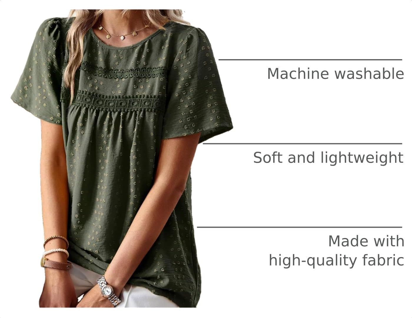 Detalle 2 de Falechay Summer Boho Blouse for Women with Round Neck, Crochet Lace Edges, and Flowy Hem
