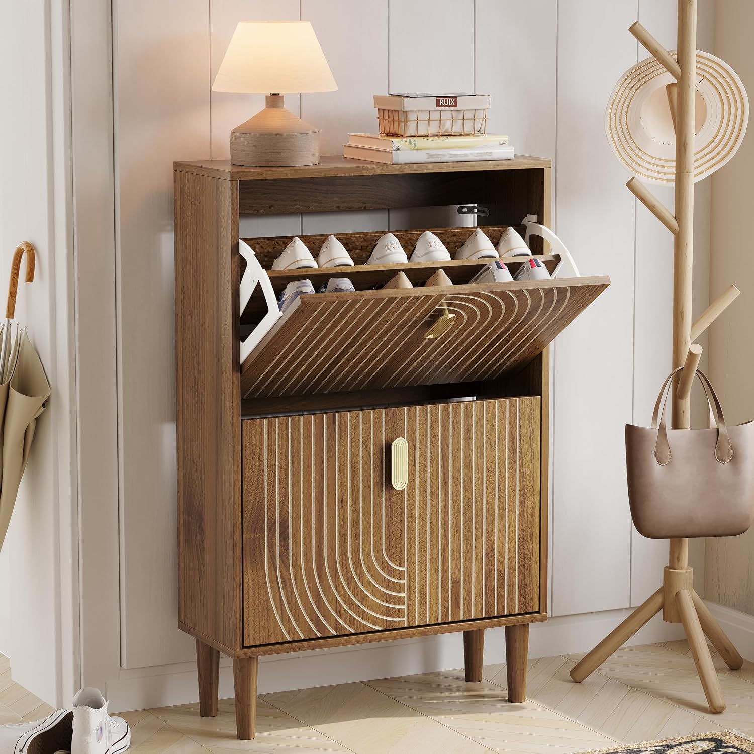 Detalle de Morwdxef WoodenShoeCabinet Shoe Cabinet, 2 Flip Drawers, 23.6" Wide, Walnut