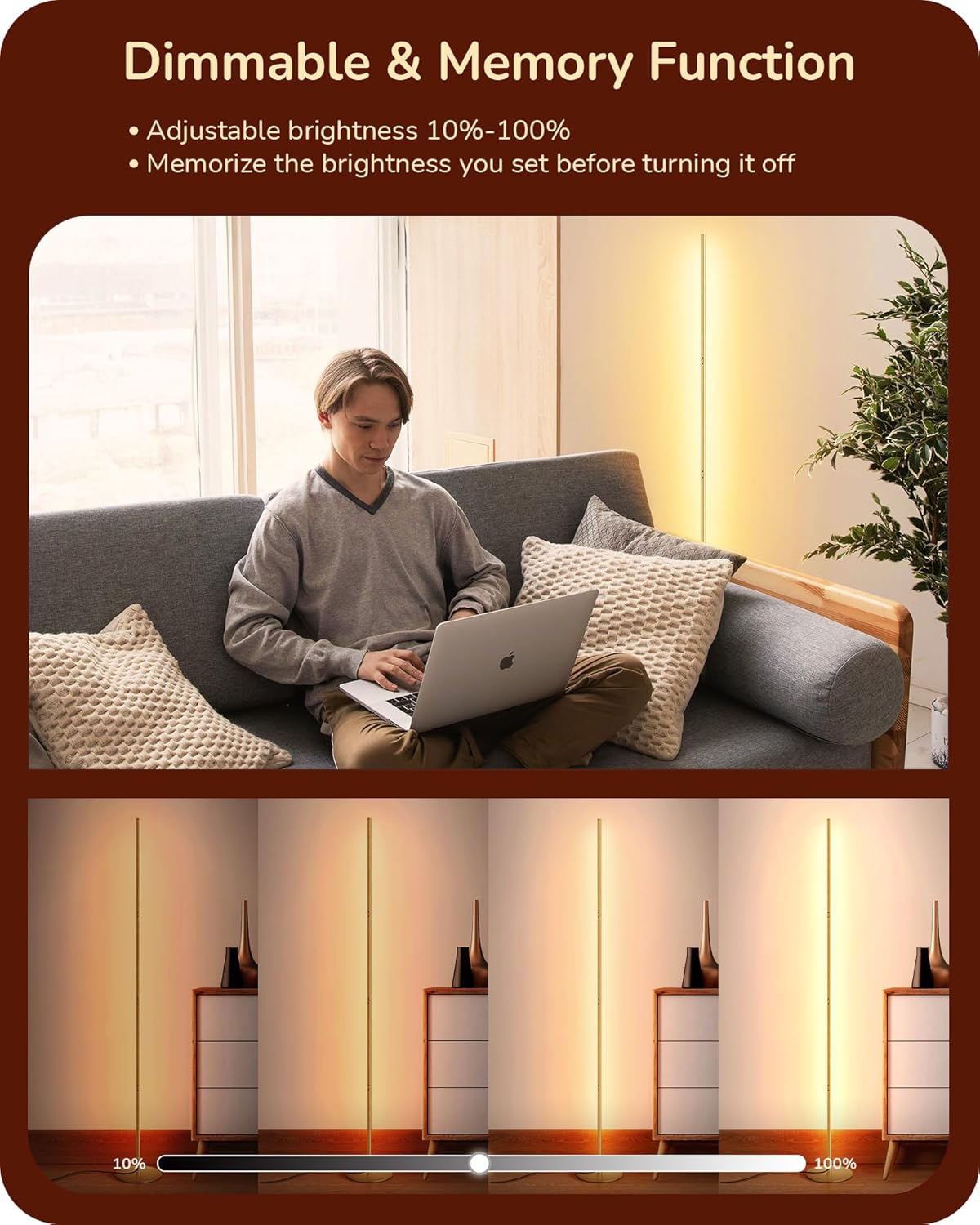 Thumbnail 1 de EDISHINE LED Floor Lamp (146cm) with Stepless Dimming and Foot Switch in Gold