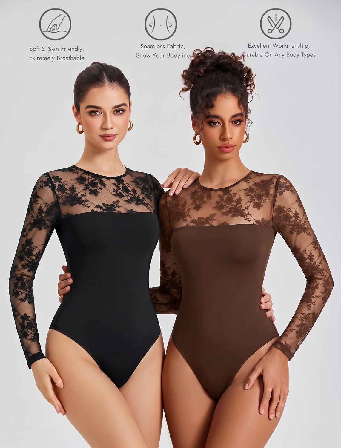 Detalle 2 de Avidlove Long-Sleeve Lace Bodysuit for Women, Crew Neck, Slimming Style