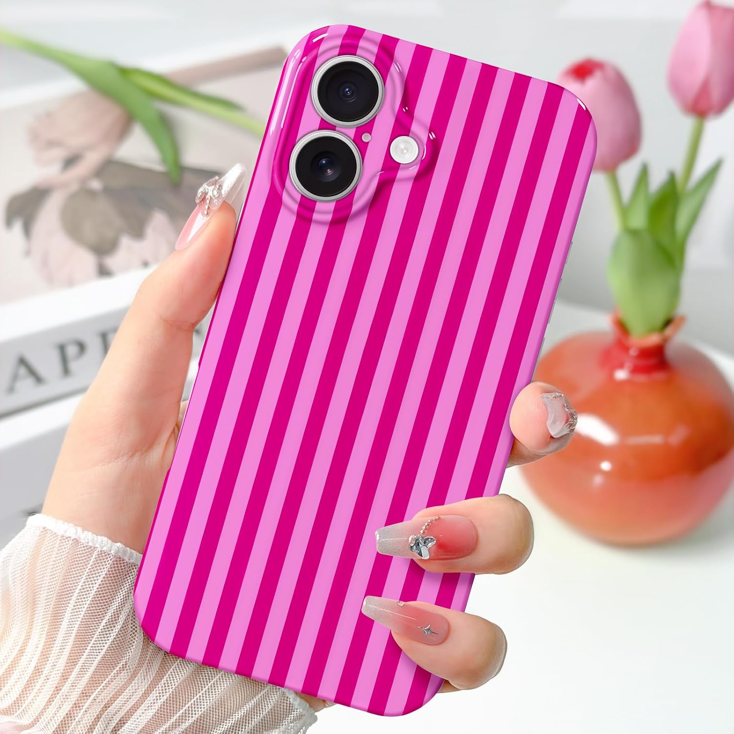 Detalle 2 de Hython iPhone 16 Plus Case, Hot Pink Striped Slim Soft TPU Cover