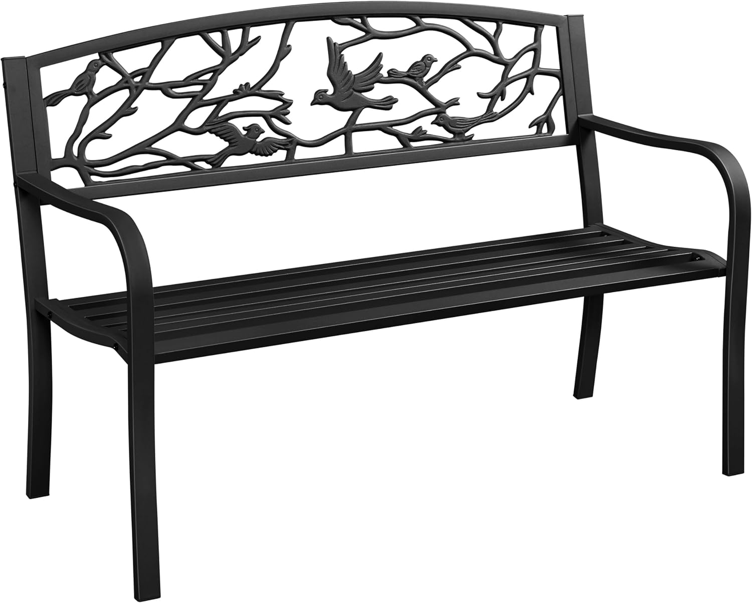 Detalle de Yaheetech panca da giardino in ferro 127×52×86 cm con braccioli e schienale decorato, portata 180 kg, colore nero