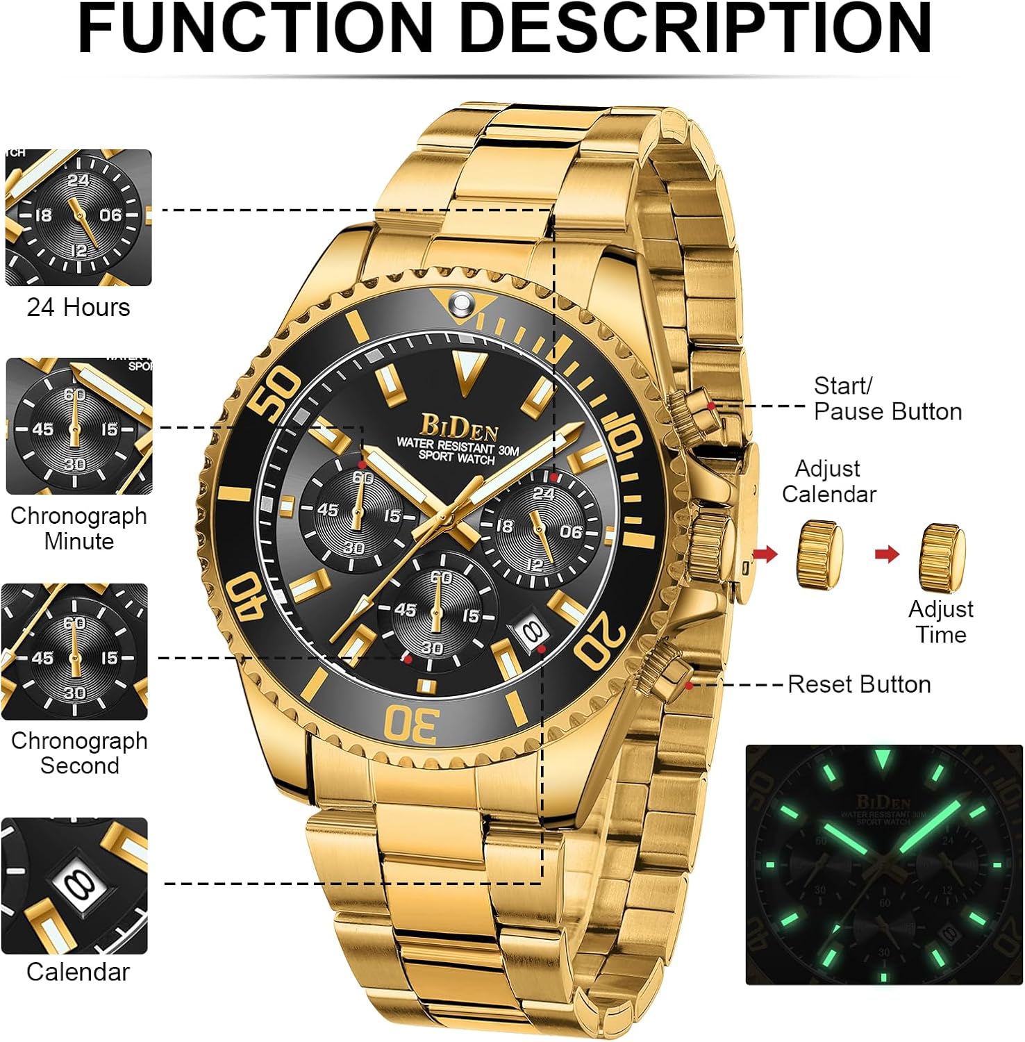 Thumbnail 5 de HANPOSH Herren Chronograph Edelstahl-Armbanduhr mit Datumsanzeige (Quarz, wasserdicht bis 30ATM)