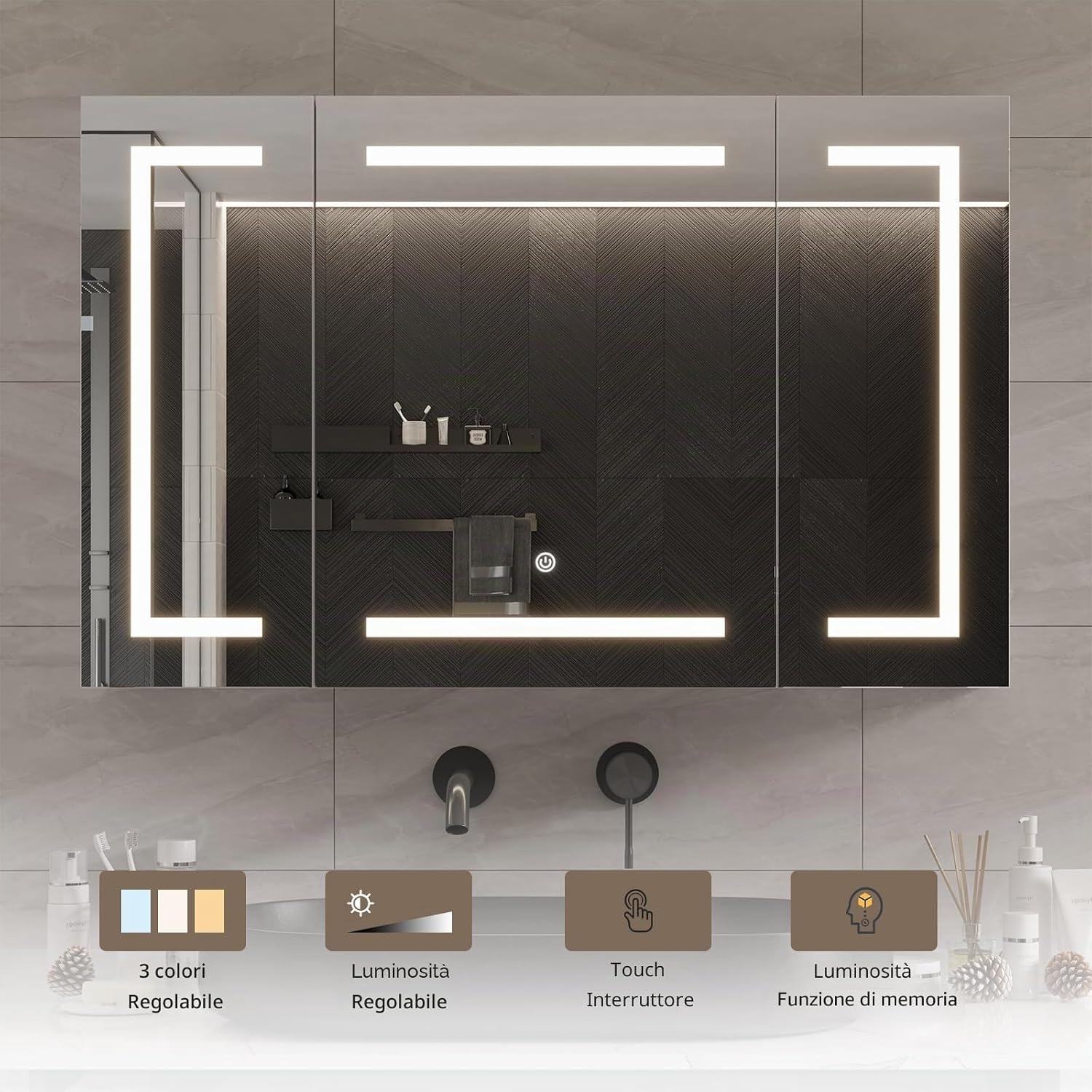 Detalle de DICTAC Specchio Bagno Contenitore con Luce e Presa, 100x60x13,5 cm – Armadietto a Specchio con Illuminazione LED