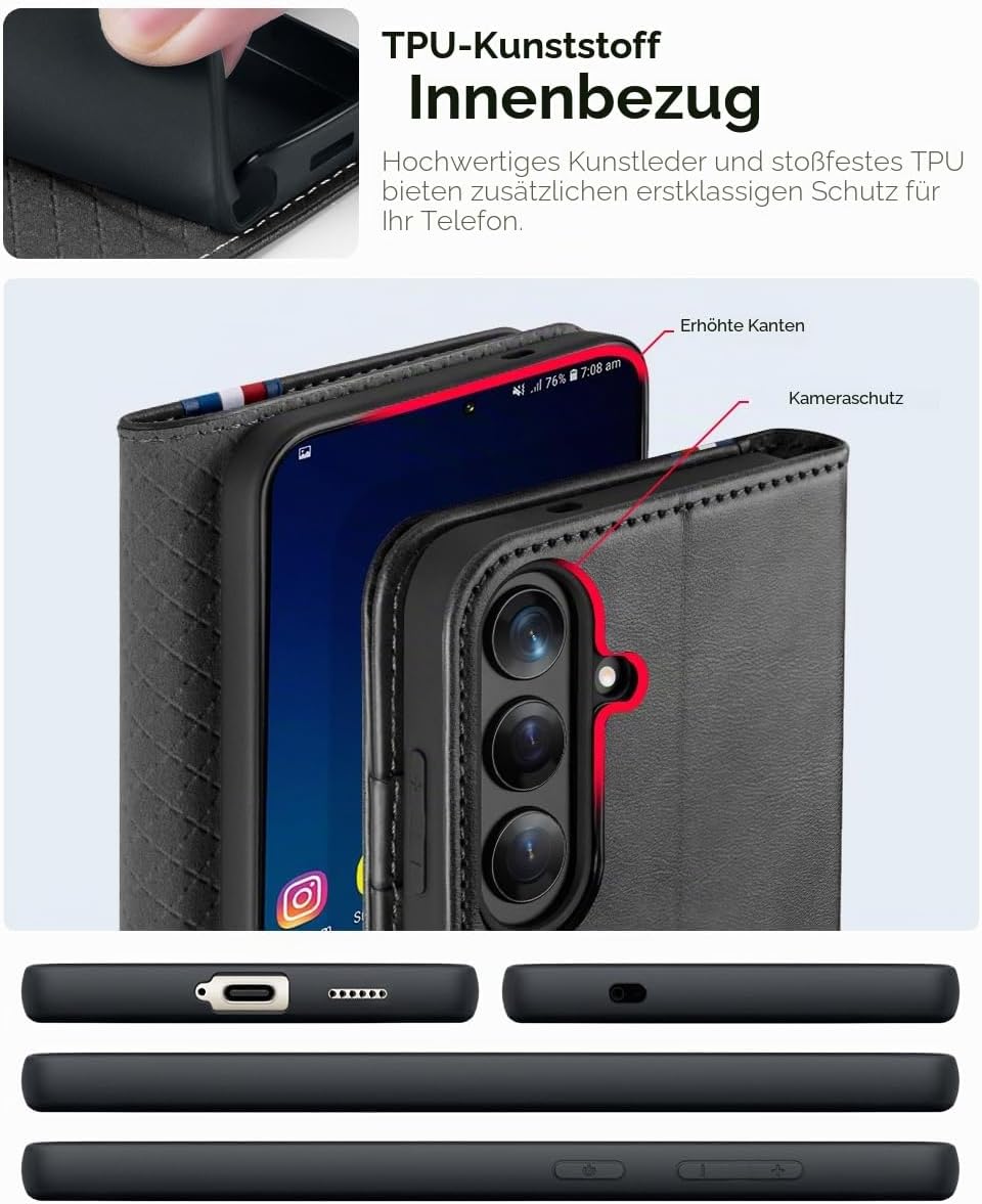 Detalle de OCASE Wallet-Hülle aus Leder für Samsung Galaxy S25 Plus 5G – RFID, Standfunktion