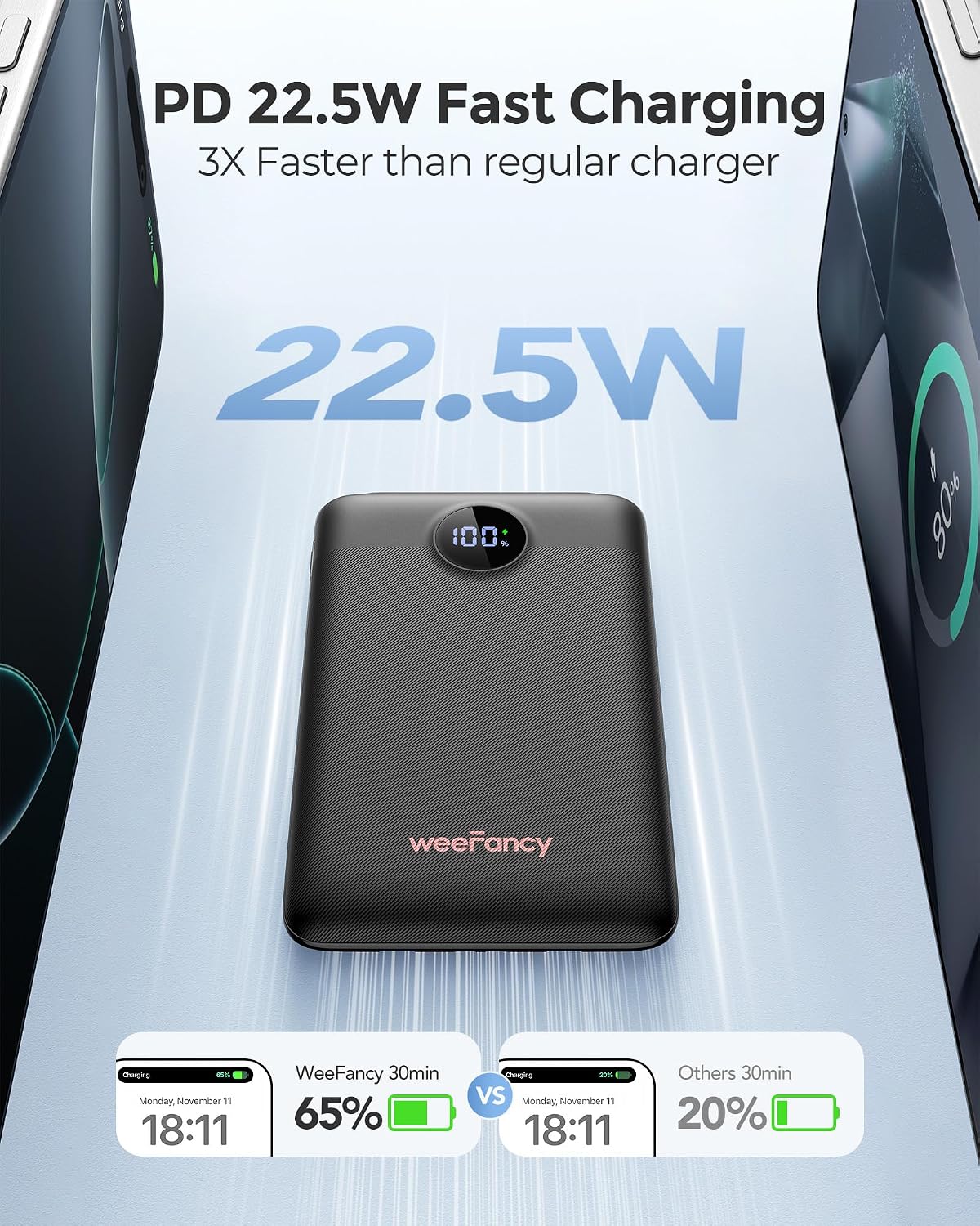 Detalle de WeeFancy 10000mAh Fast Charging Power Bank with Built-in Cables (Black)