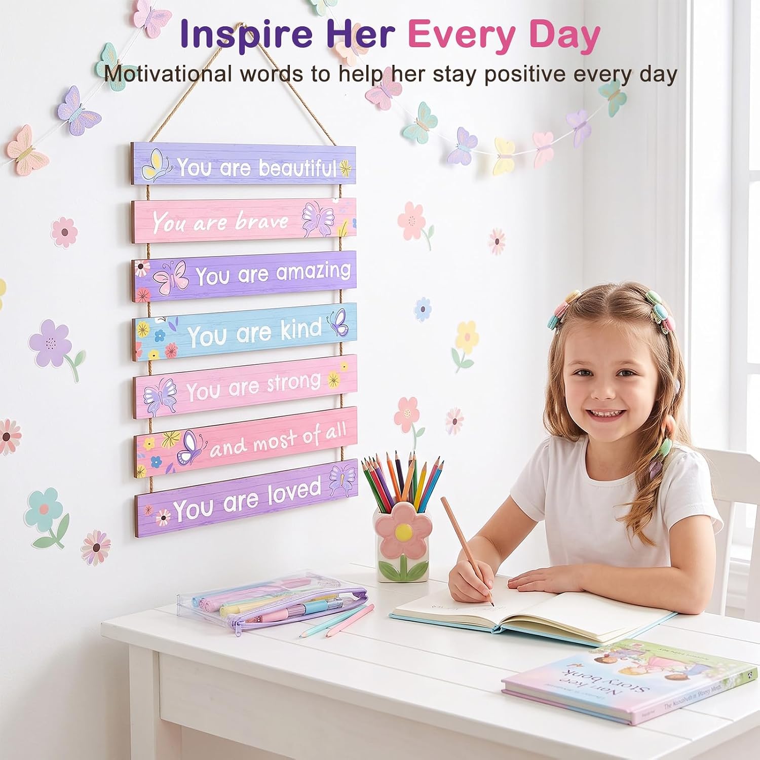 Detalle de Beinou Purple Butterfly Wooden Wall Plaque Set with Motivational Phrases