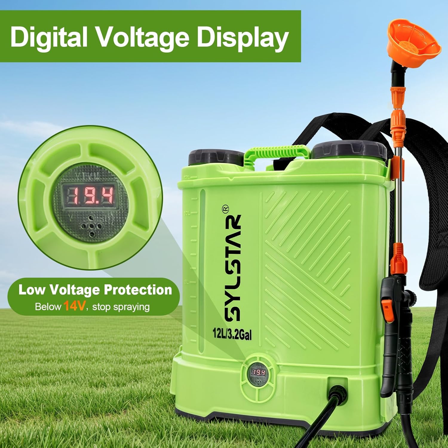 Detalle de SYLSTAR Drucksprüher 12L – 5,5 Bar, kompatibel mit Makita 18V Akkus, 5 Düsen, Ladegerät inklusive