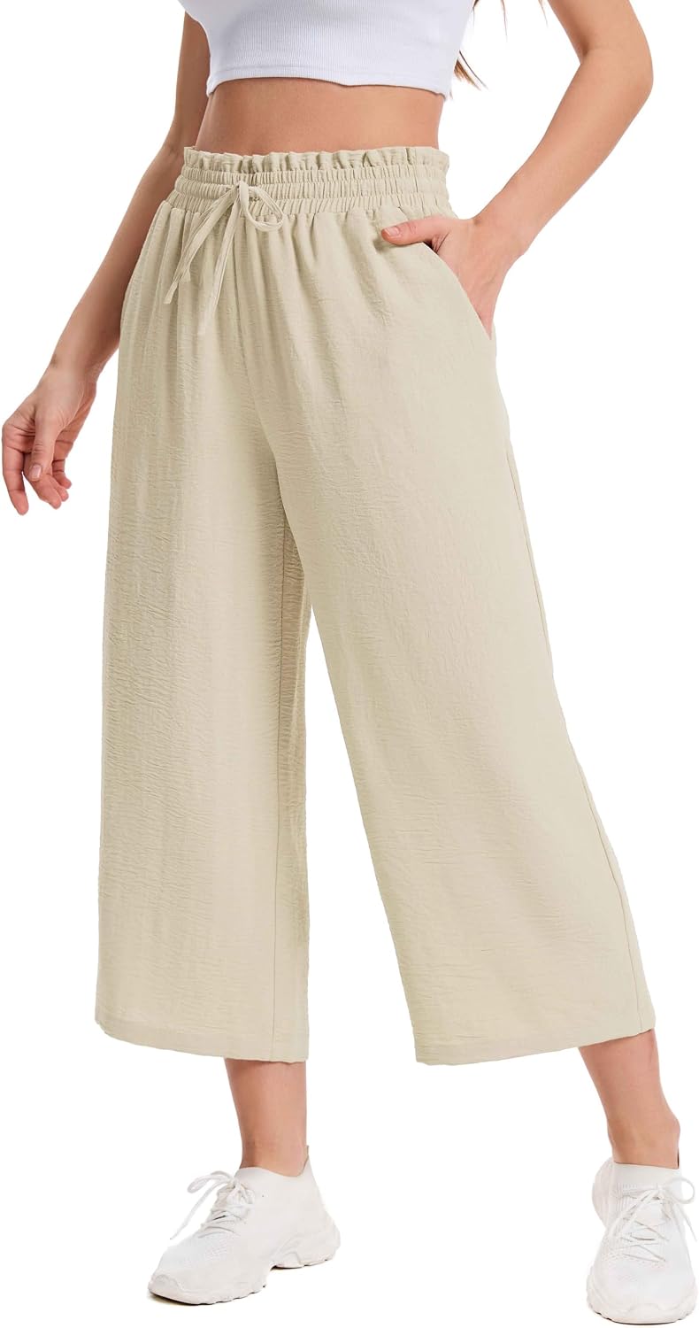 Thumbnail 6 de WUWUSKY Womens Capri Pant Wide Leg Trousers with Pocket — Elasticated High Waist Summer Linen-Feel Comfort