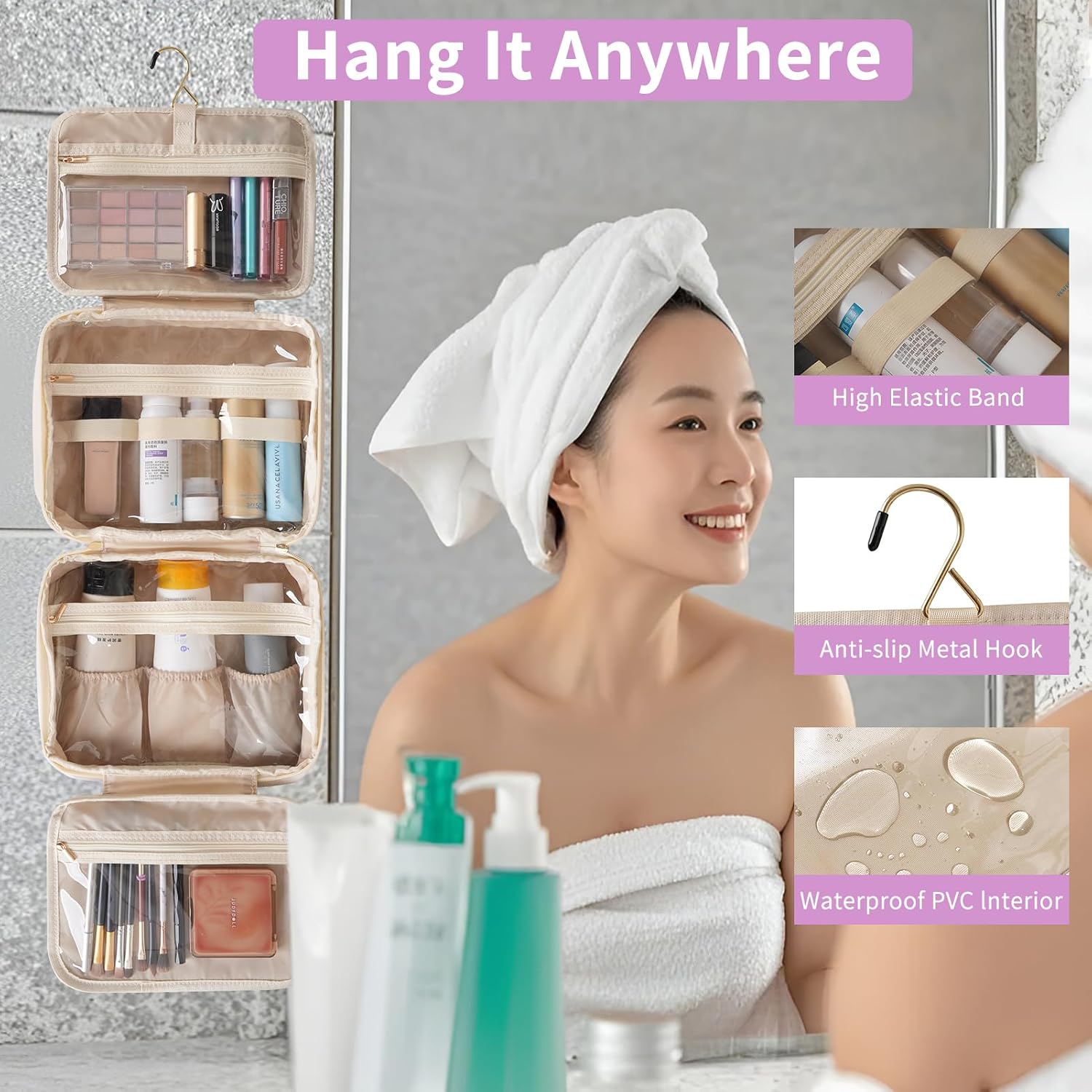 Detalle de YINGLANG Hanging Toiletry Bag – Large Capacity PU Leather Organiser with Clear Window (Pink)
