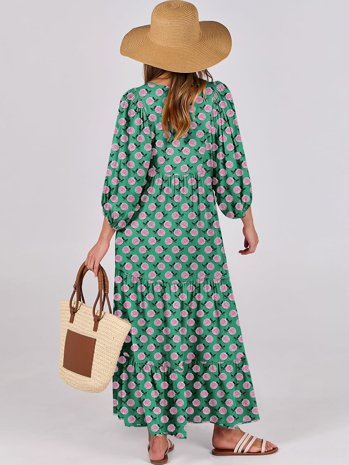 Thumbnail 3 de ANRABESS Womens Boho Maxi Dress 2026 Summer V Neck Puff Sleeve Floral Flowy Swing Dress