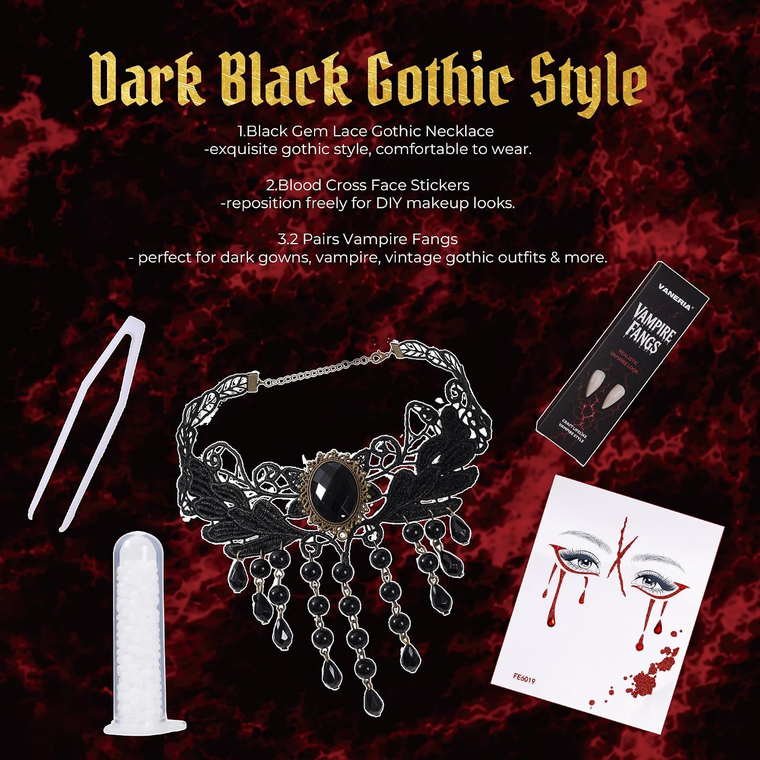Detalle 2 de VANERIA Ensemble d’accessoires gothiques, collier en dentelle et détails vampire