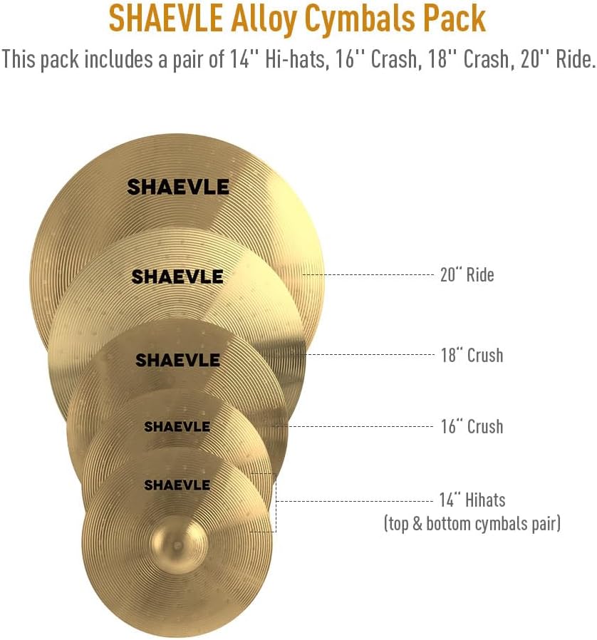 Thumbnail 1 de SHAEVLE Beckenset (5-teilig) inkl. 14" HiHat, 16" & 18" Crash sowie 20" Ride – Golden Alloy Cymbal Set