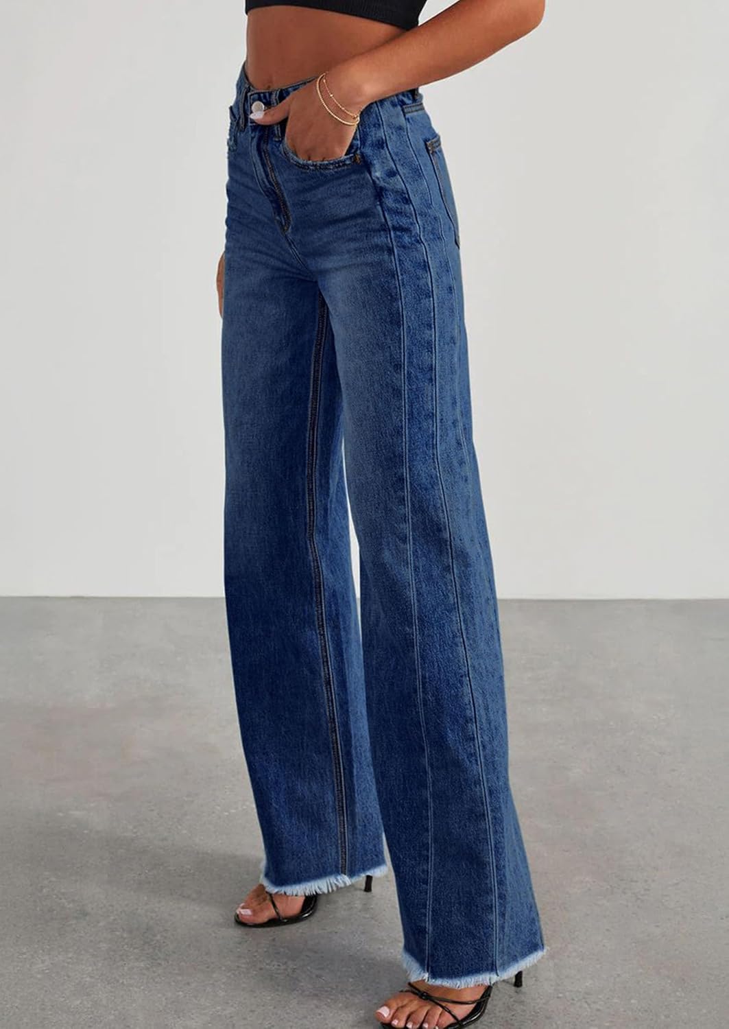 Detalle de PRETTYGARDEN Wide Leg Jeans for Women – High Waisted Stretchy Baggy Raw Hem Denim Palazzo Pants (2026)