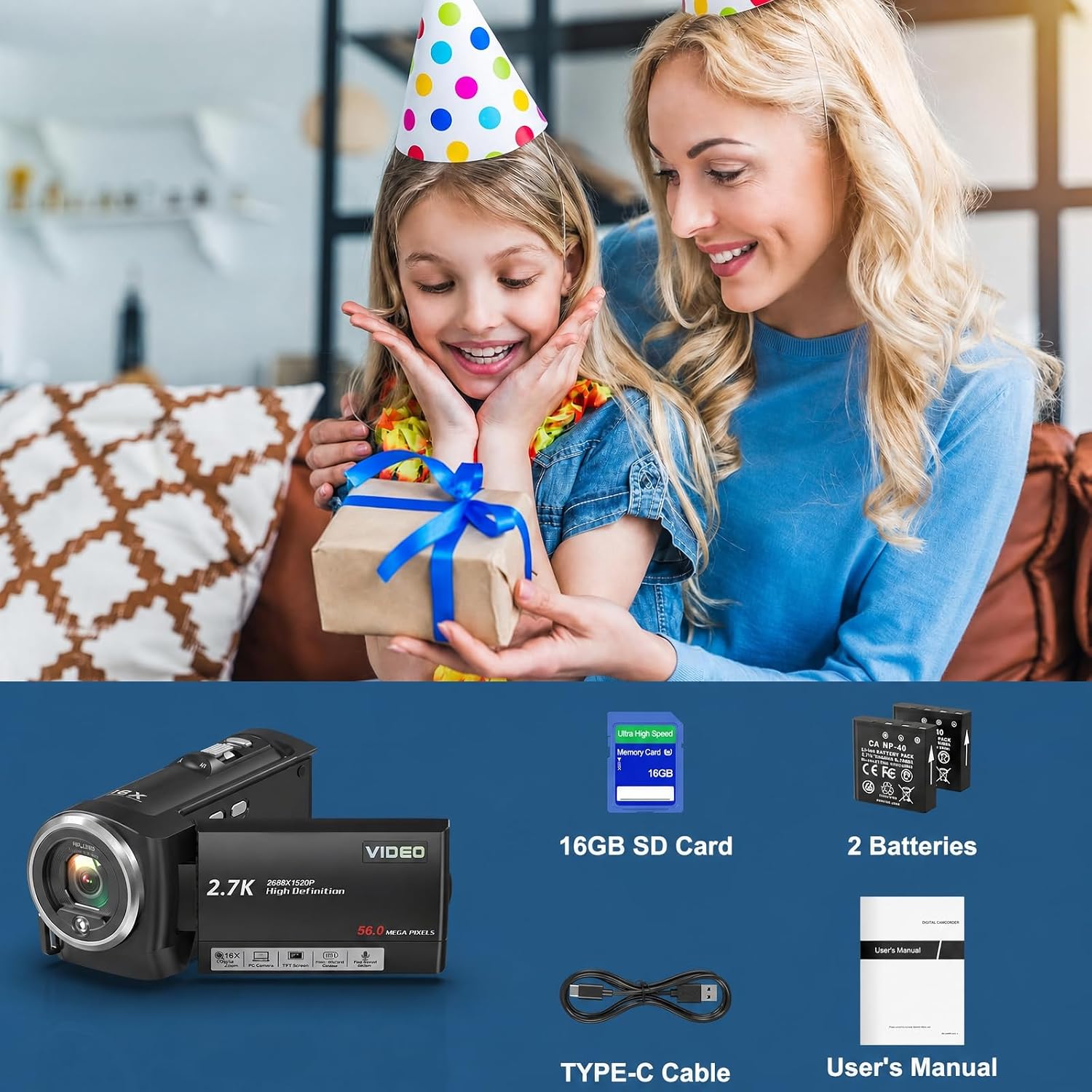 Thumbnail 6 de Videokamera 2.7K 56MP Camcorder mit LED-Fülllicht und 16X Digitalzoom – ideal fürs Vloggen