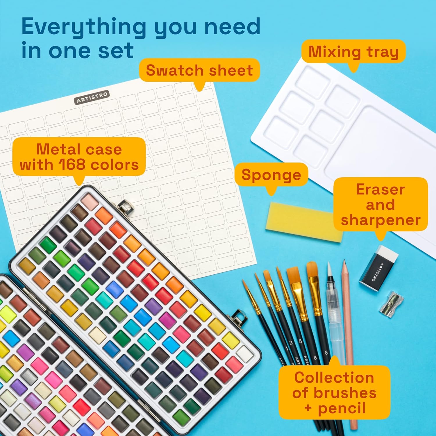 Thumbnail 1 de ARTISTRO 168 Watercolour Paint Set in portable metal case – 168 shades with brushes and essentials