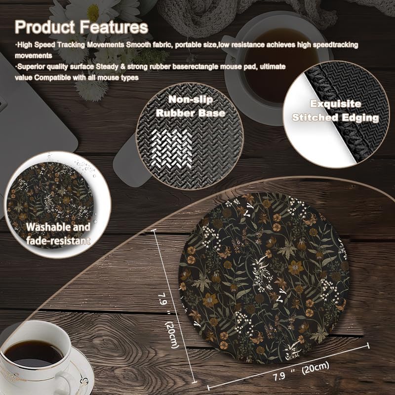 Detalle de DAYOUER 042 Round Mouse Pad, 7.9-Inch Dark Academia Floral Design
