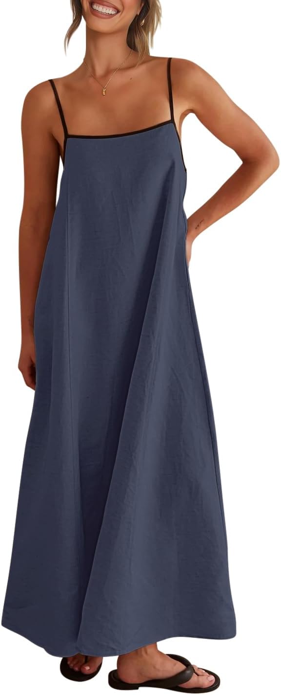 Detalle de Shy Velvet Women's 2026 Summer Linen Maxi Dress with Contrast Trim