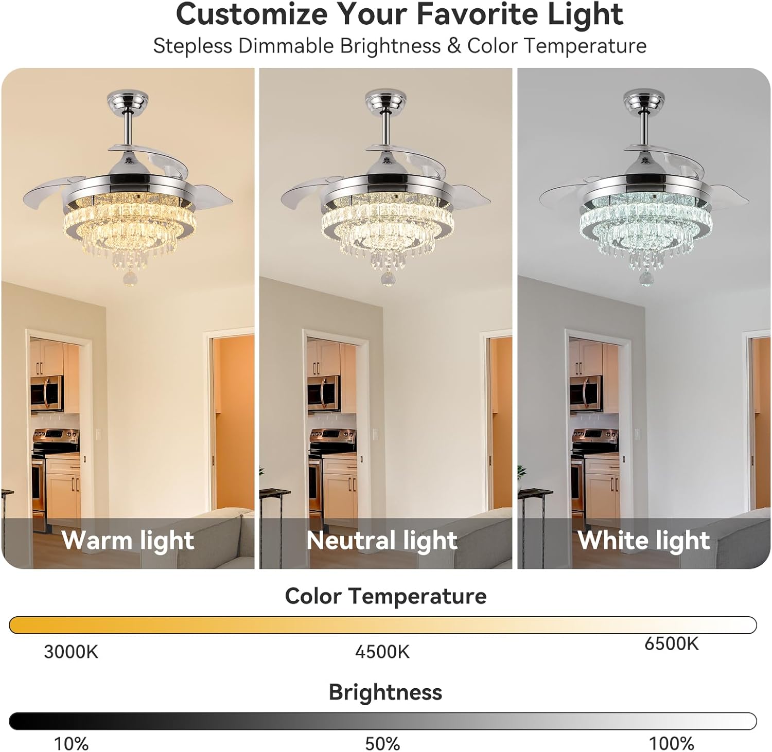 Thumbnail 2 de Modern Crystal Chandelier Ceiling Fan with Light – 42in, DC Motor, Remote & Retractable Blades