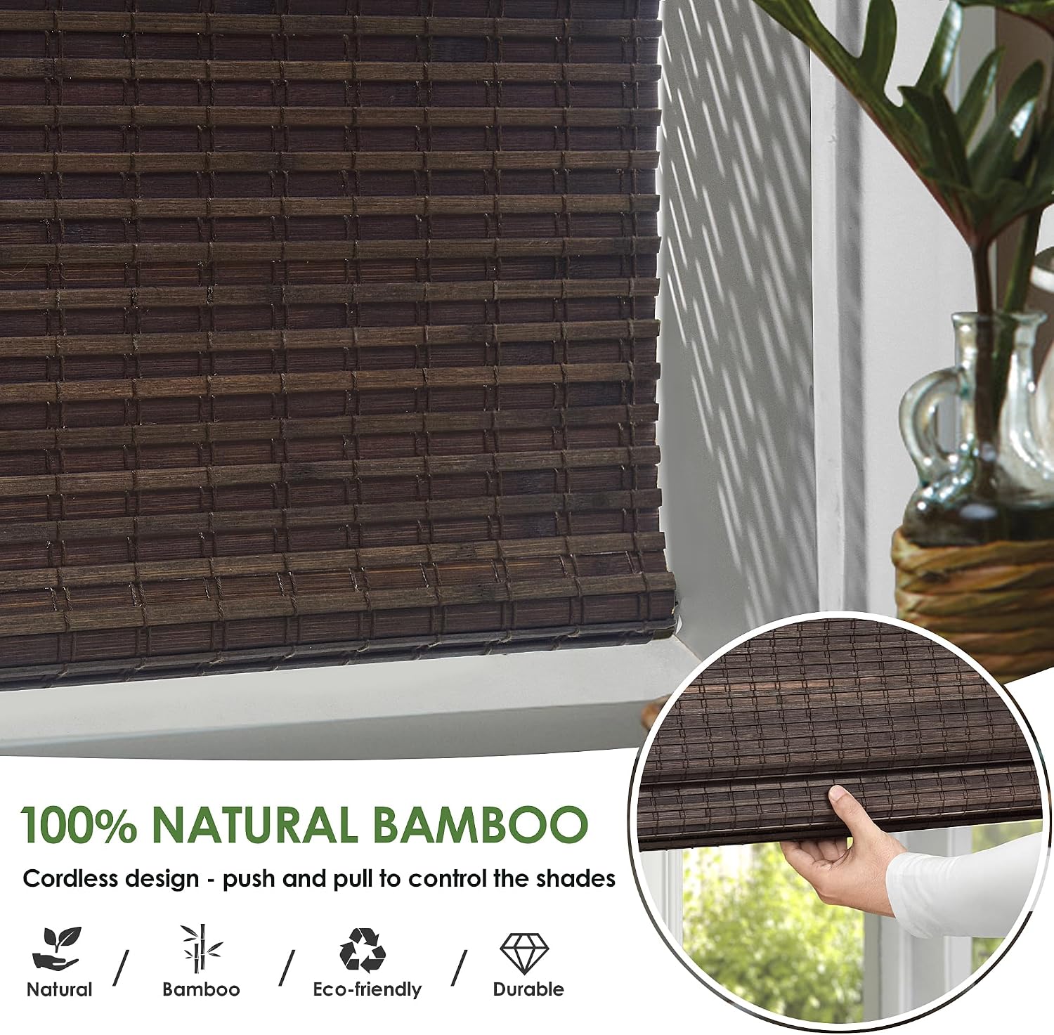 Detalle de LazBlinds BDP-Espresso Cordless Bamboo Roman Shade, 34 x 64, Room Darkening