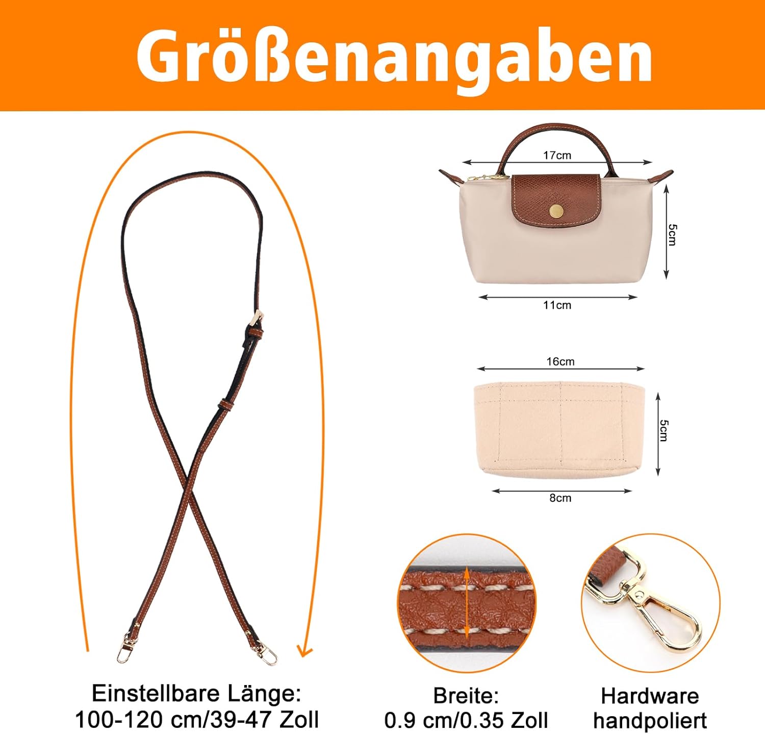 Thumbnail 3 de GADITIEK verstellbarer Schultergurt-Ersatzriemen für Long Champ Damen (Mini 0,9 cm) mit Taschen-Organizer