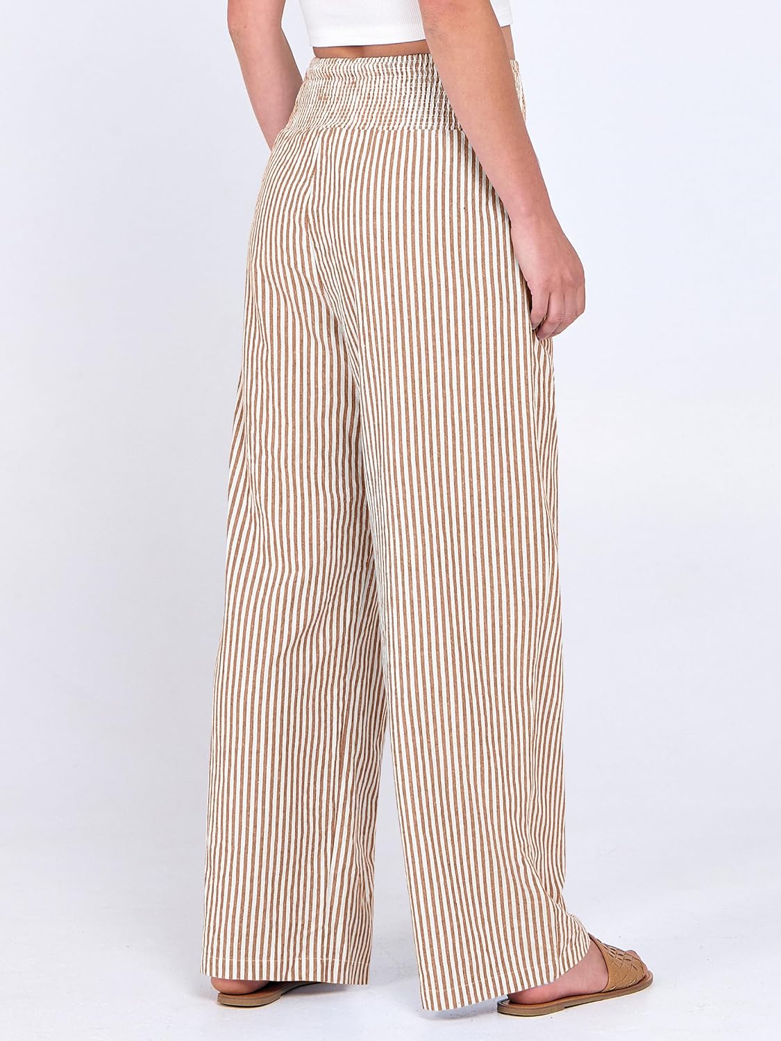 Detalle de ANRABESS Striped Gingham Palazzo Pants — Wide-Leg, Smocked High-Waisted Pajama/Lounge Pants with Pockets