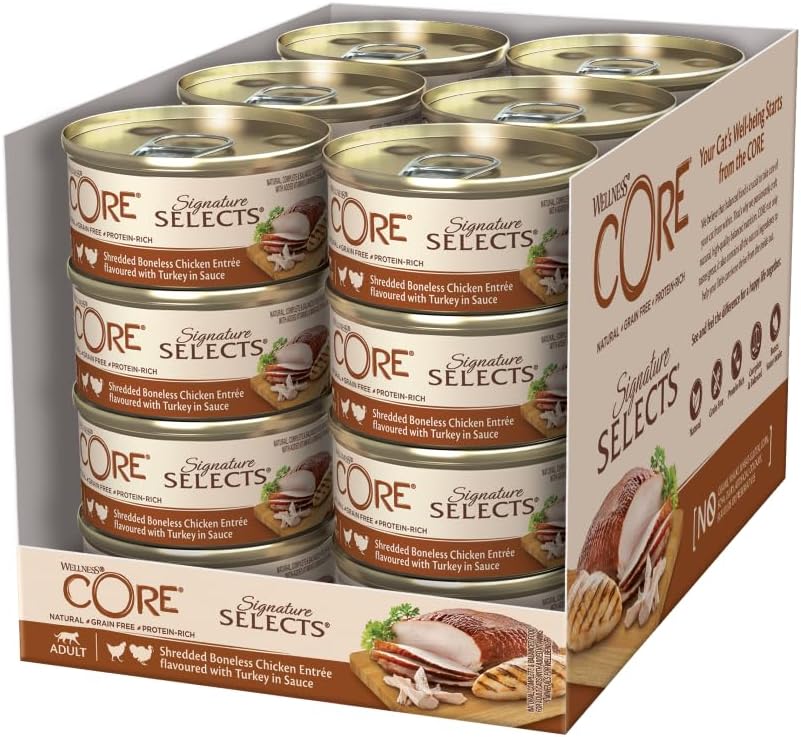 Detalle de Wellness CORE Signature Selects 24 x 79 g: Zart geflockter Thunfisch & Lachs in Brühe – Nassfutter für Katzen