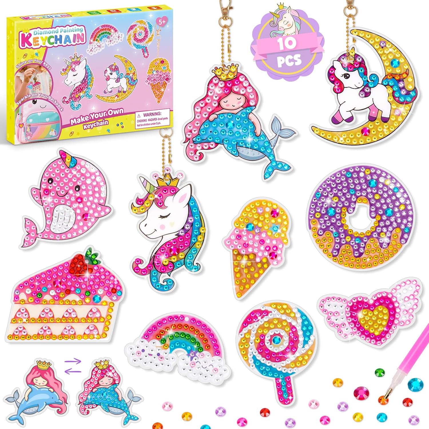 Detalle de Diamond Painting Art Keychain Kit for Girls (Unicorn) – DIY Gem Keyring Craft Set (Age 5–10)