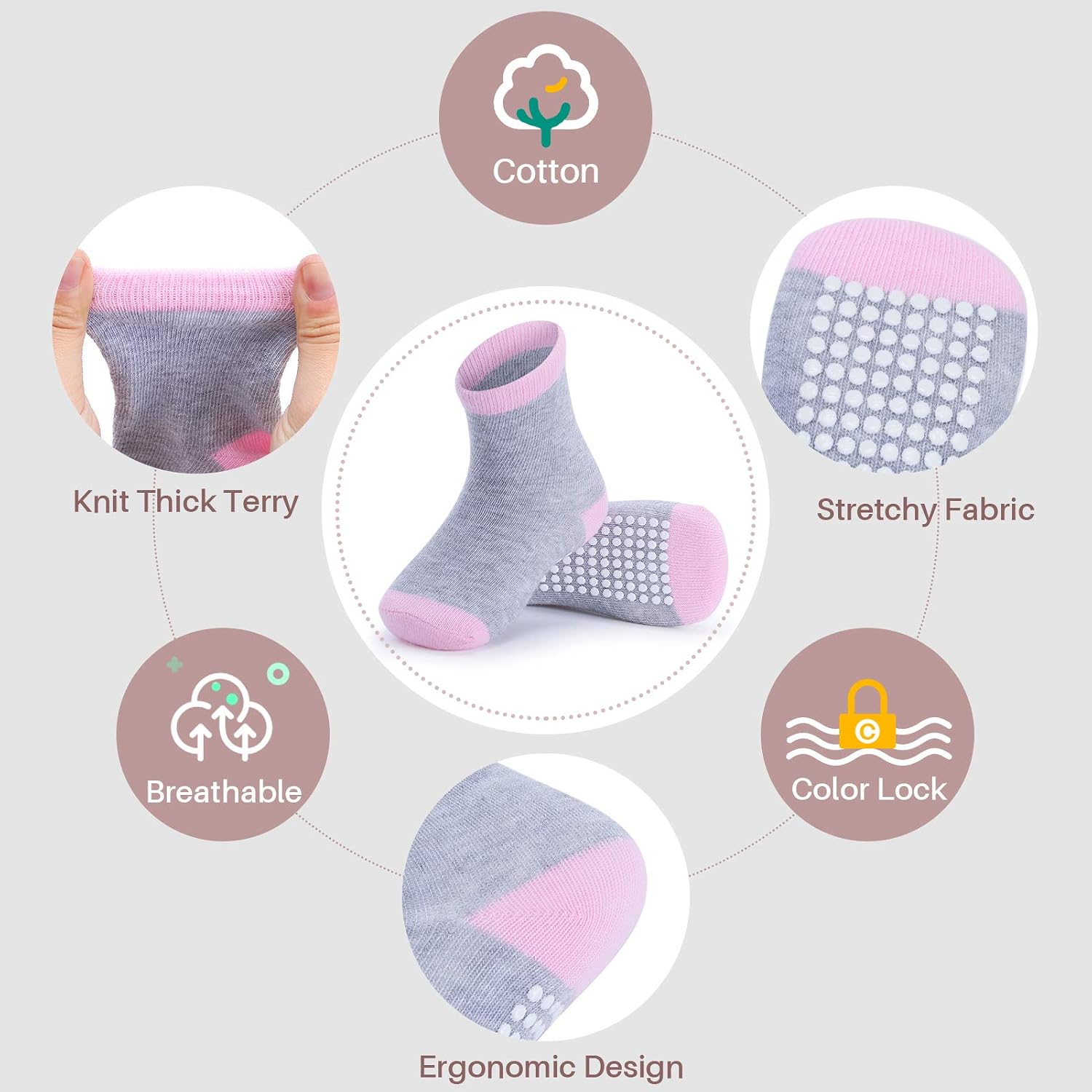 Detalle de JAKIDAR Baby Crew Socks, 12-Pack Cotton Stretch with Non-Slip Grips