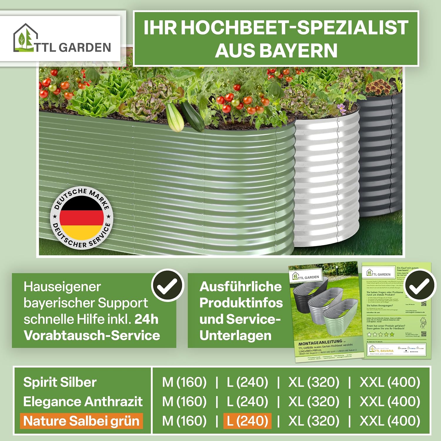 Thumbnail 6 de TTL GARDEN Nature L Metall-Hochbeet 240x80x80 cm (salbei-grün) – verzinkt & lackiert mit Ungeziefer-Draht