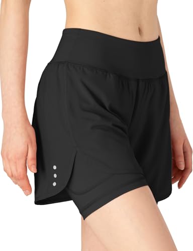 Detalle de donhobo Damen Sport Shorts 2-in-1 kurz 2-in-1 Laufshorts Schnelltrocknend Schwarz M