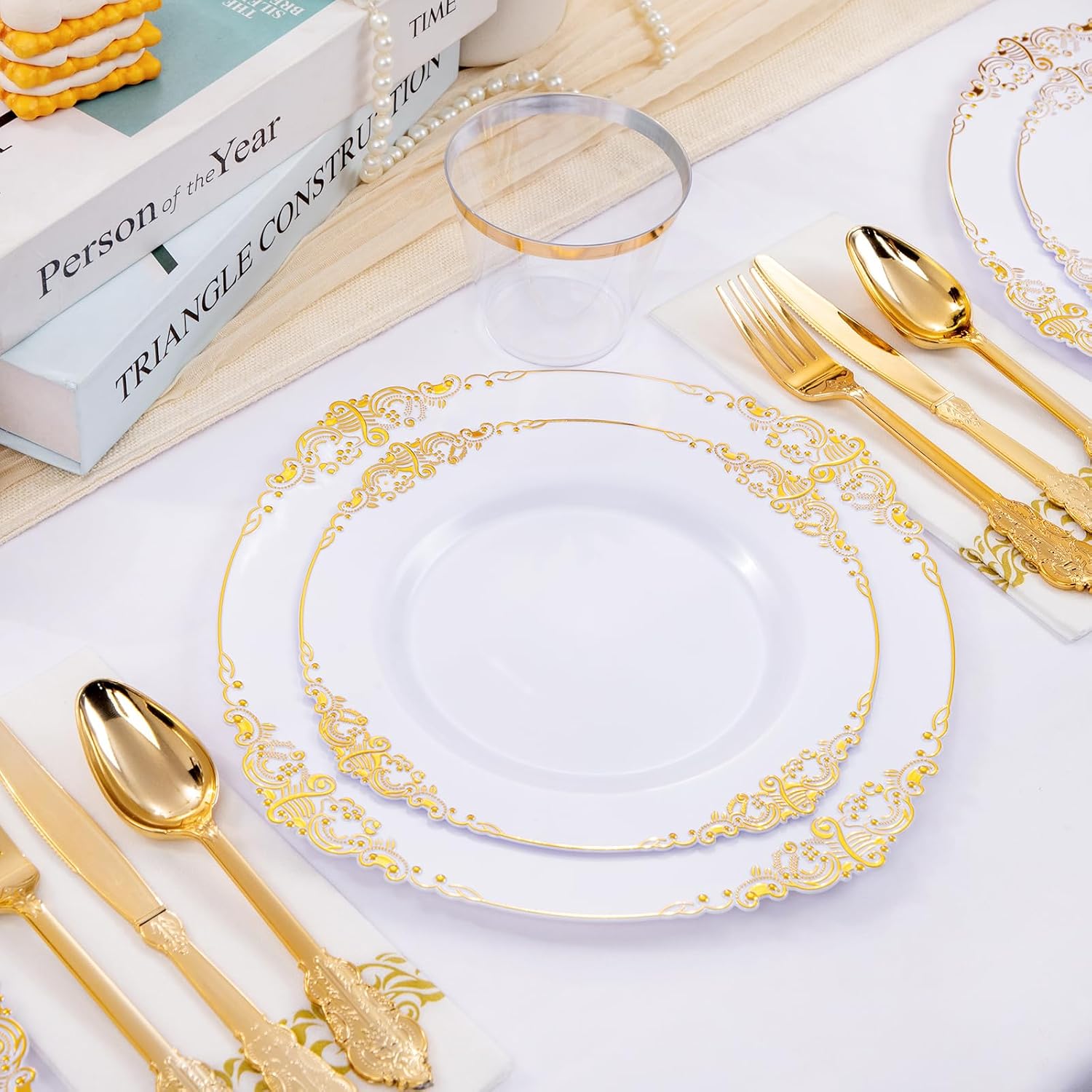 Thumbnail 1 de Hioasis 350pcs White and Gold Baroque Party Plates Set for 50 Guests