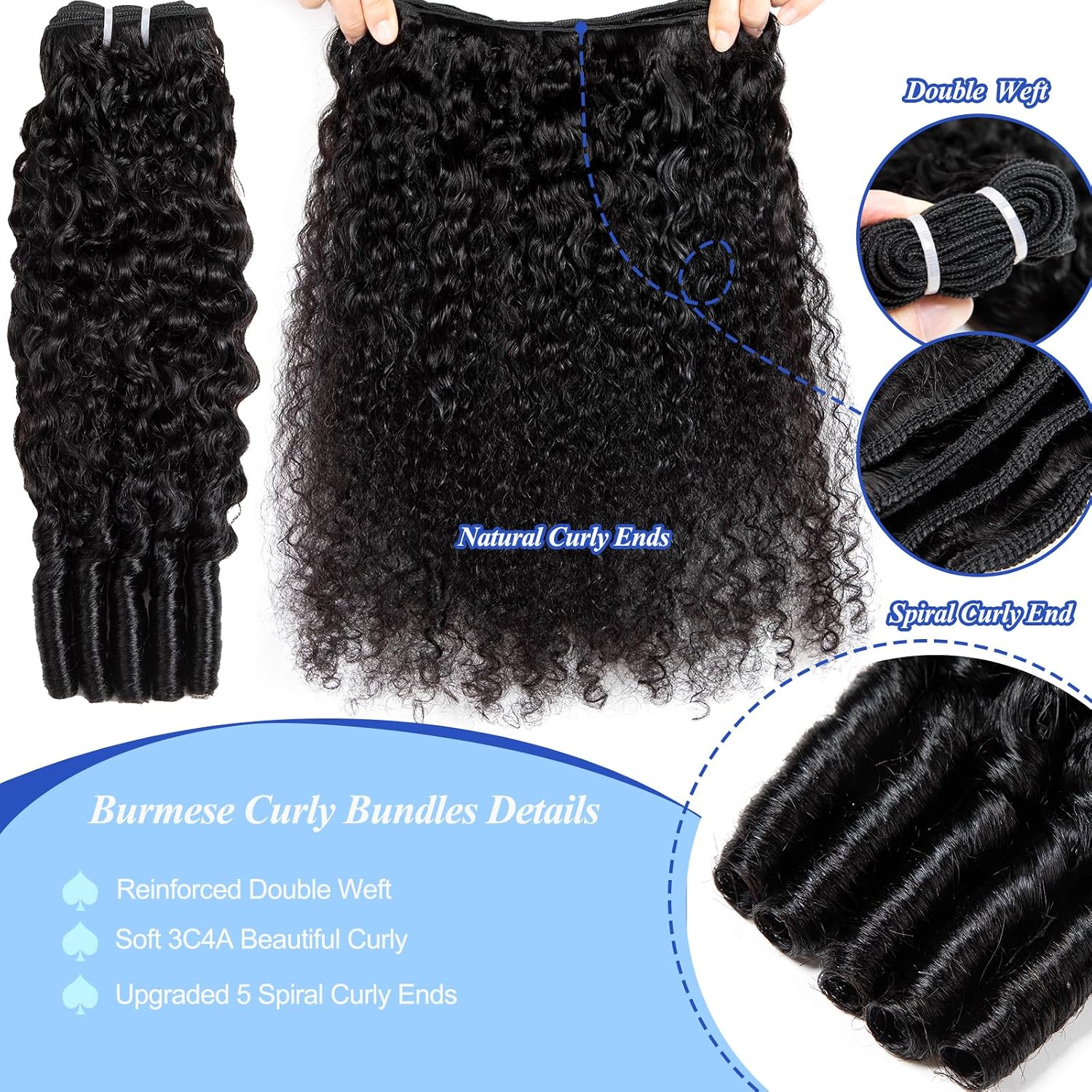 Detalle 2 de Burmese Curly Human Hair Bundles (20/22/24) — 3C4A Water Wave, 100% Unprocessed Virgin Remy Hair