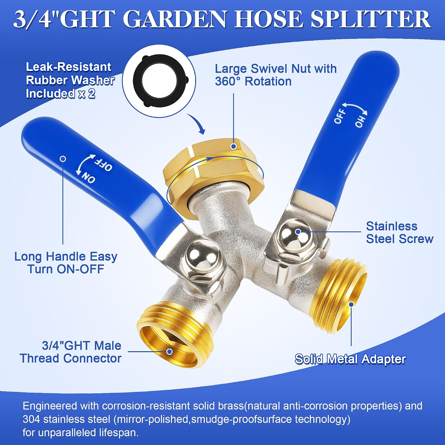 Detalle 2 de EJW Garden Hose Splitter, 2-Way Brass Connector with 3/4" GHT Threads