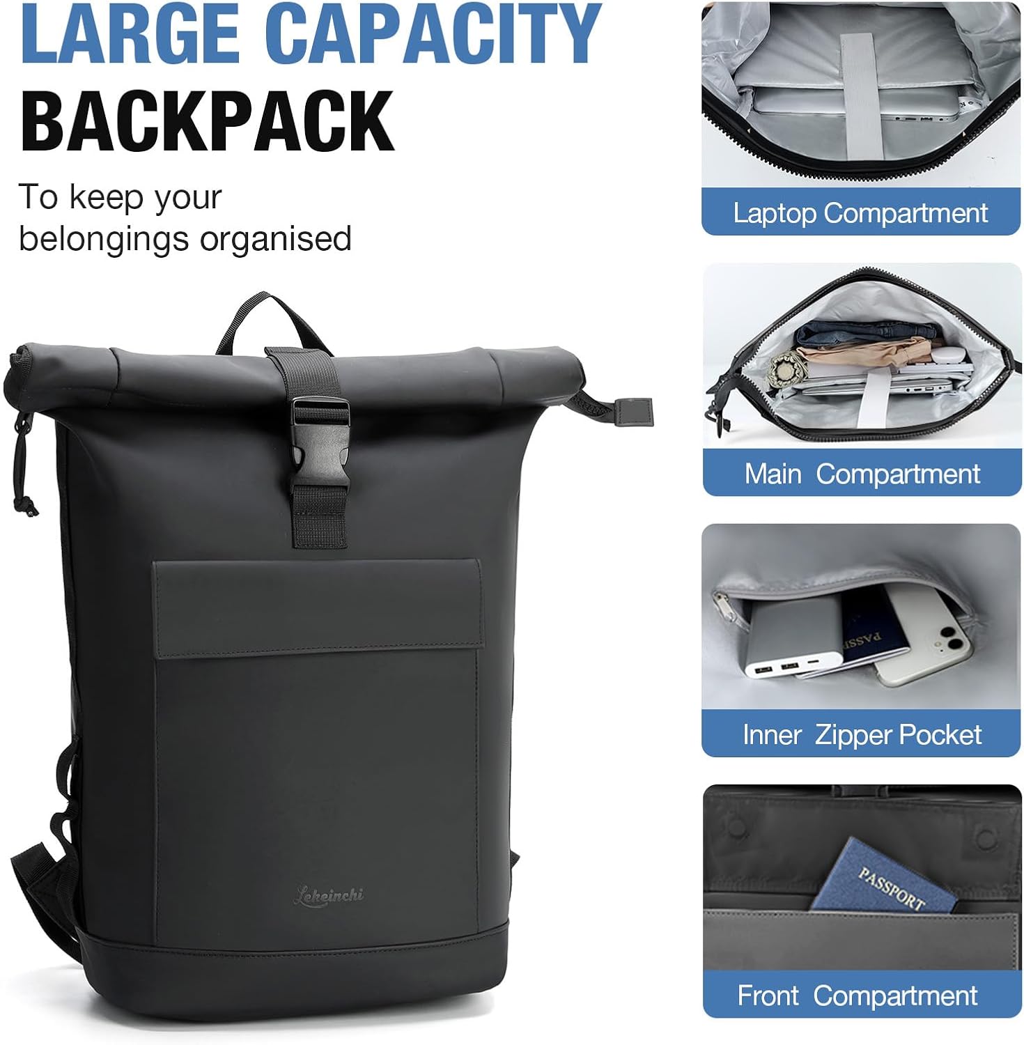Detalle 2 de Lekeinchi Rolltop Rucksack 17 Zoll