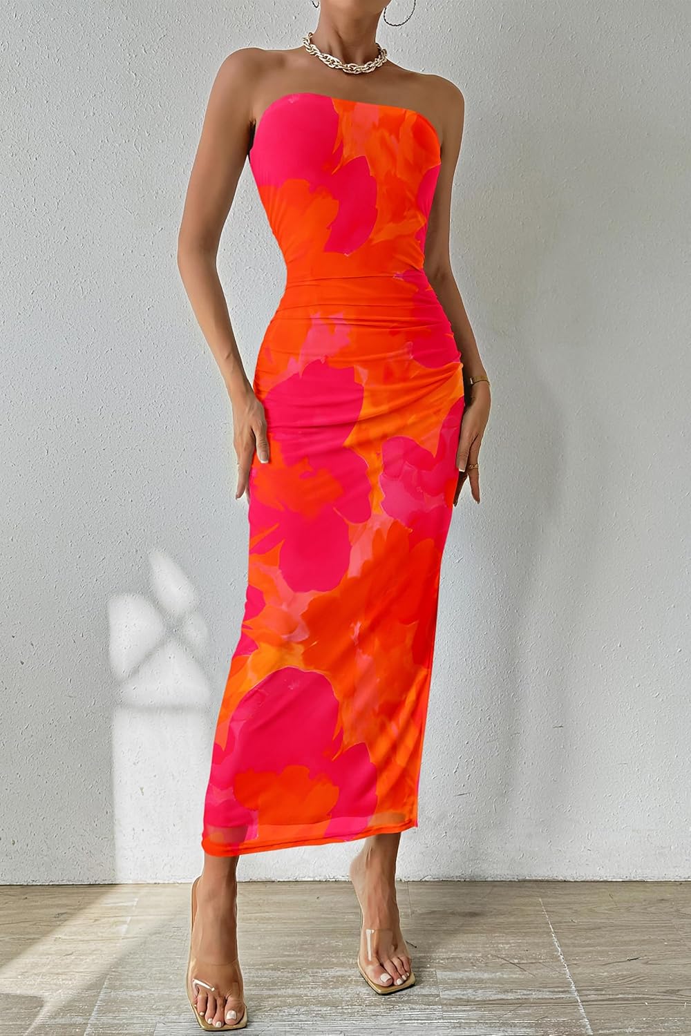 Thumbnail 2 de PRETTYGARDEN Strapless Floral Mesh Maxi Bodycon Dress for Wedding Guests