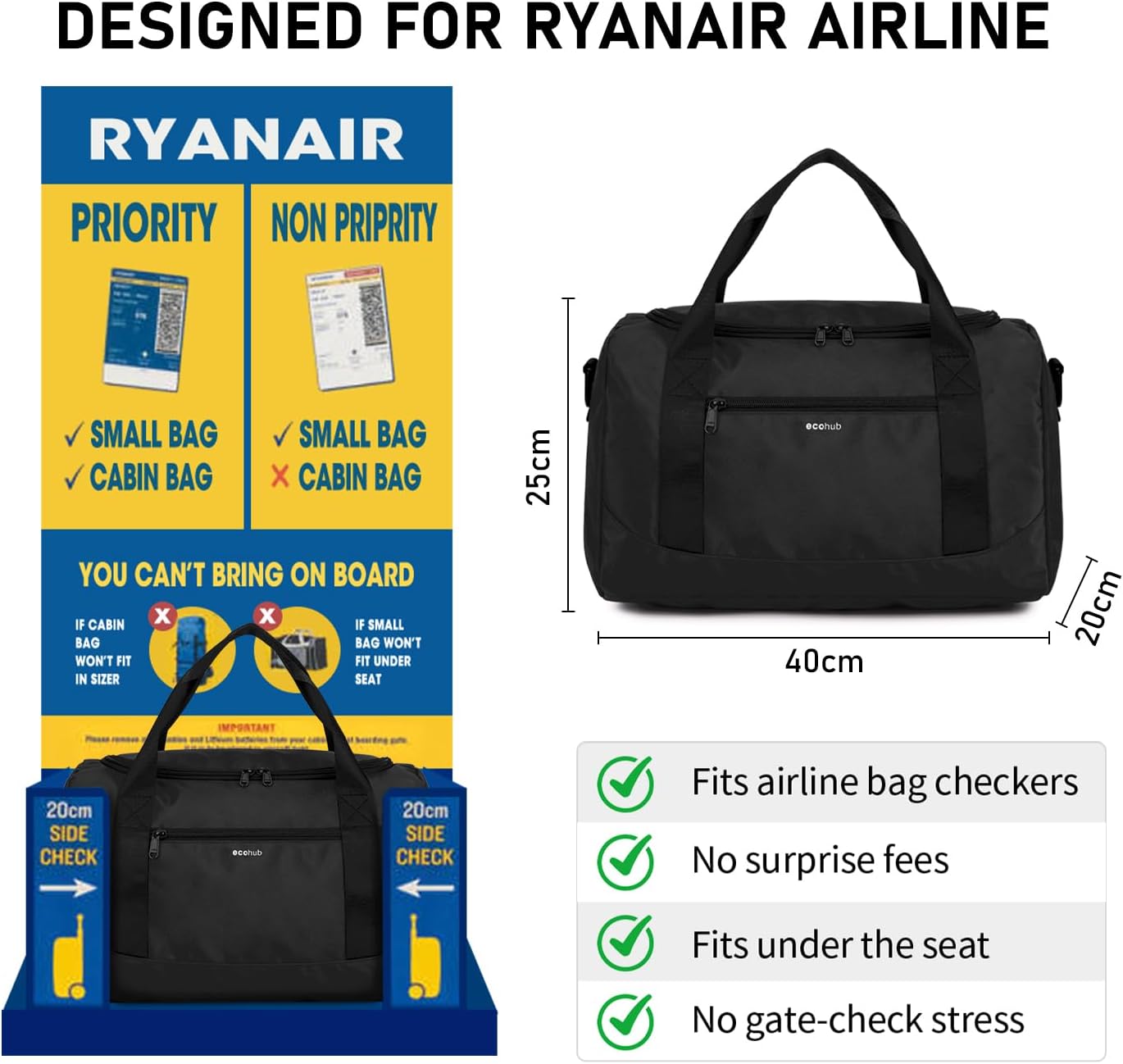 Thumbnail 1 de ECOHUB Ryanair cabin bag 40x20x25 underseat travel bag with trolley sleeve