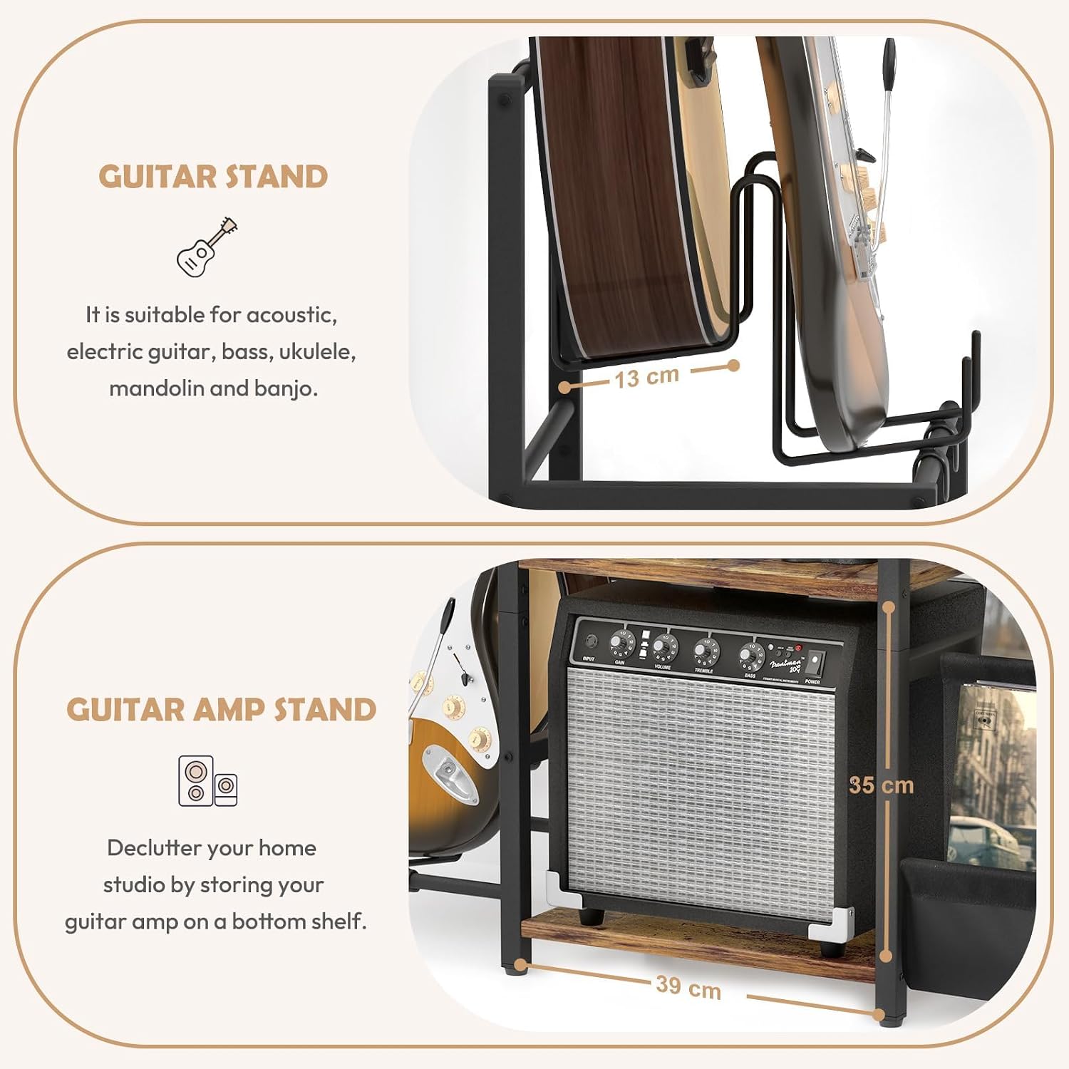 Detalle de Bikoney Record Player Stand with 3-Tier Vinyl Storage and Guitar Stand – White