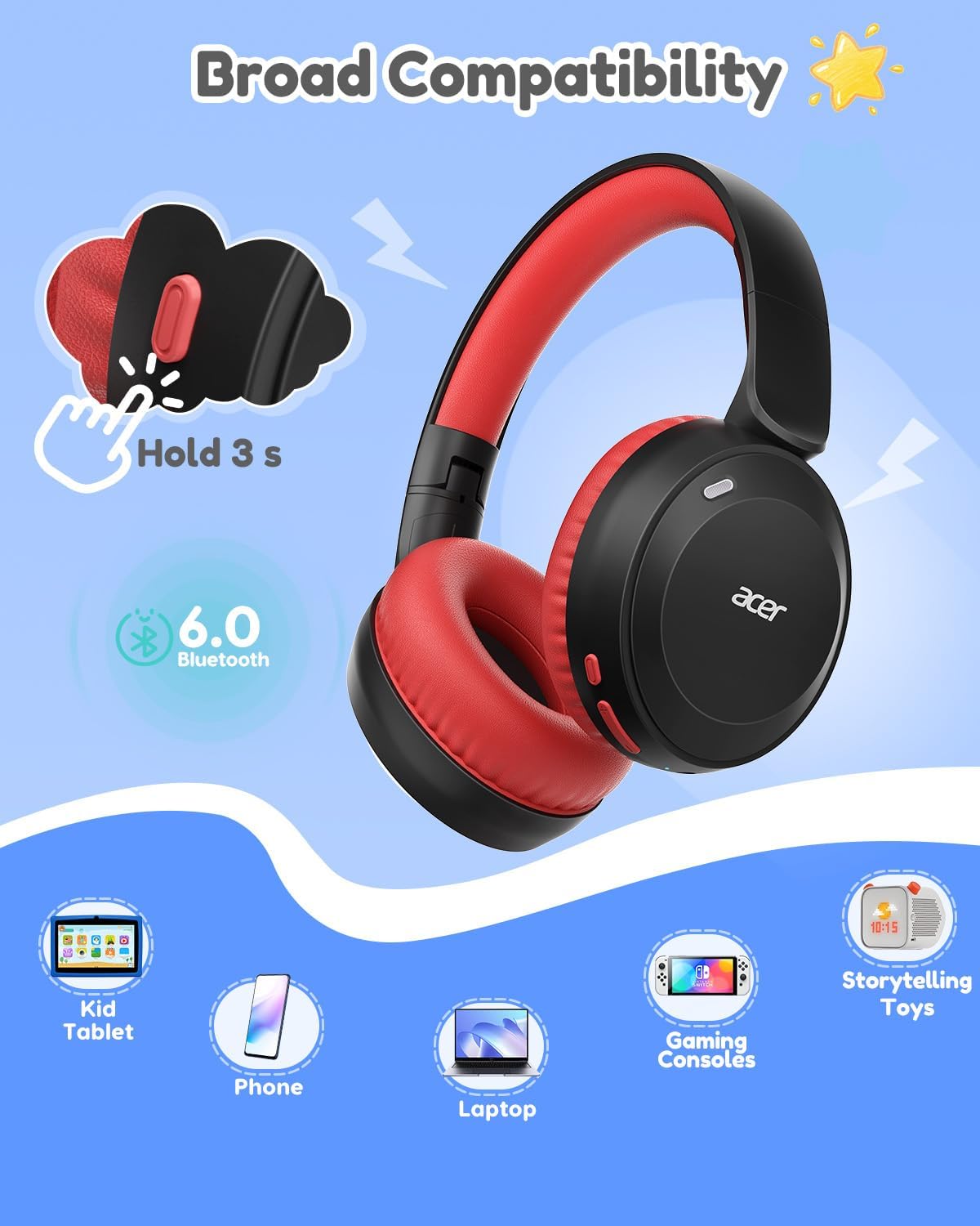 Thumbnail 5 de Acer OHR668(KR) Kids Bluetooth Headphones, 85/94 dB Limiter, Bluetooth 6.0