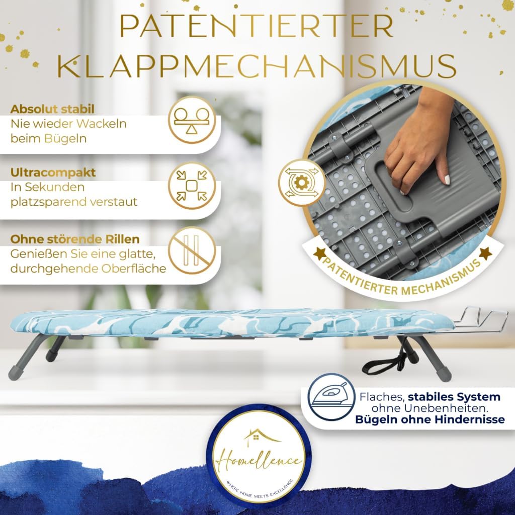 Thumbnail 1 de Homellence kleines Tischbügelbrett klappbar (Blau) inklusive 2 Premium-Bezügen – kompakt zum Reise- und Alltagbügeln