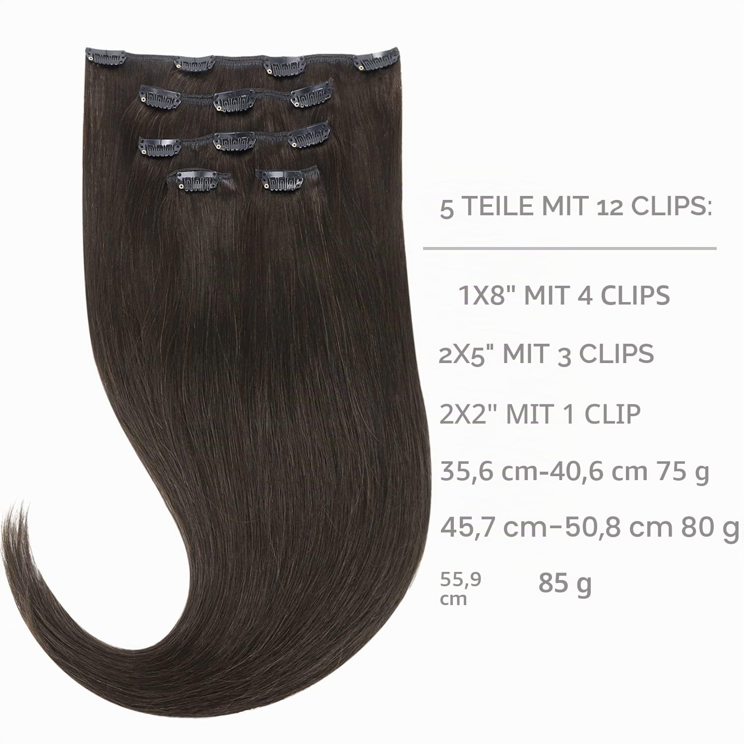 Detalle 2 de WENNALIFE Clip in Extensions Echthaar – Dunkel Braun, 75 g, 5 Teile, 35 cm