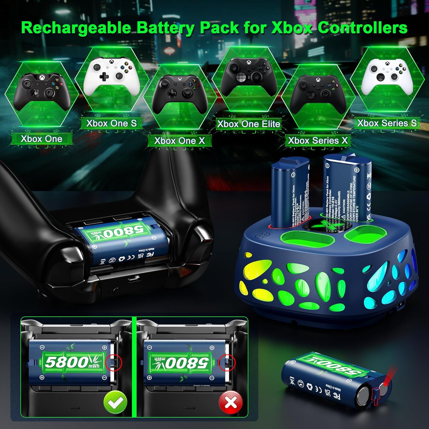 Detalle de 5800mWh Rechargeable Battery Pack for Xbox One & Xbox Series S/X with RGB Charging Station (4 Batteries)