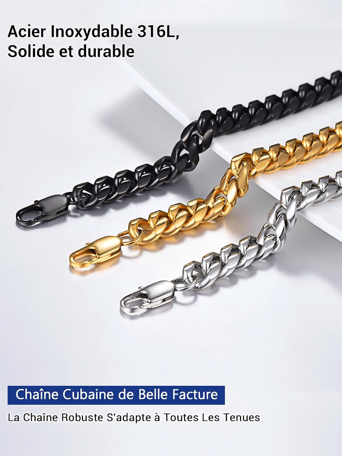 Thumbnail 5 de PROSTEEL Chaîne Collier Homme Gourmette en Acier Inoxydable – Largeurs 4,8/6/10/14 mm, Longueurs 36 à 76 cm, plaqué or/noir