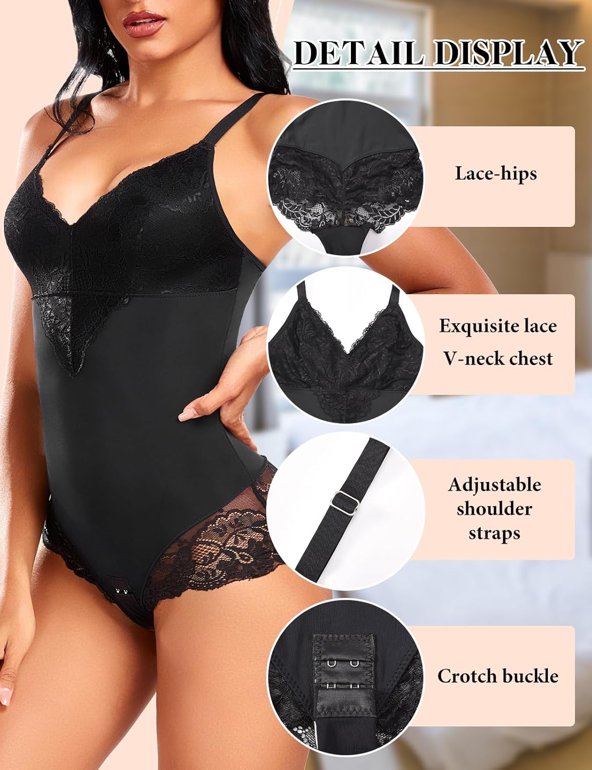 Detalle de PASUDA Body Contenitivo Modellante Donna in Pizzo – shapewear modellante con scollo a V