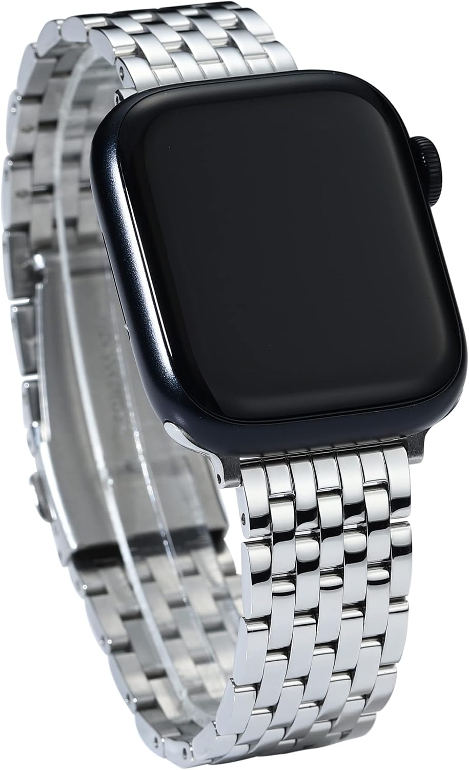 Detalle de Memori Planet Seven-Link Stainless Steel Apple Watch Band, Silver, Adjustable Fit