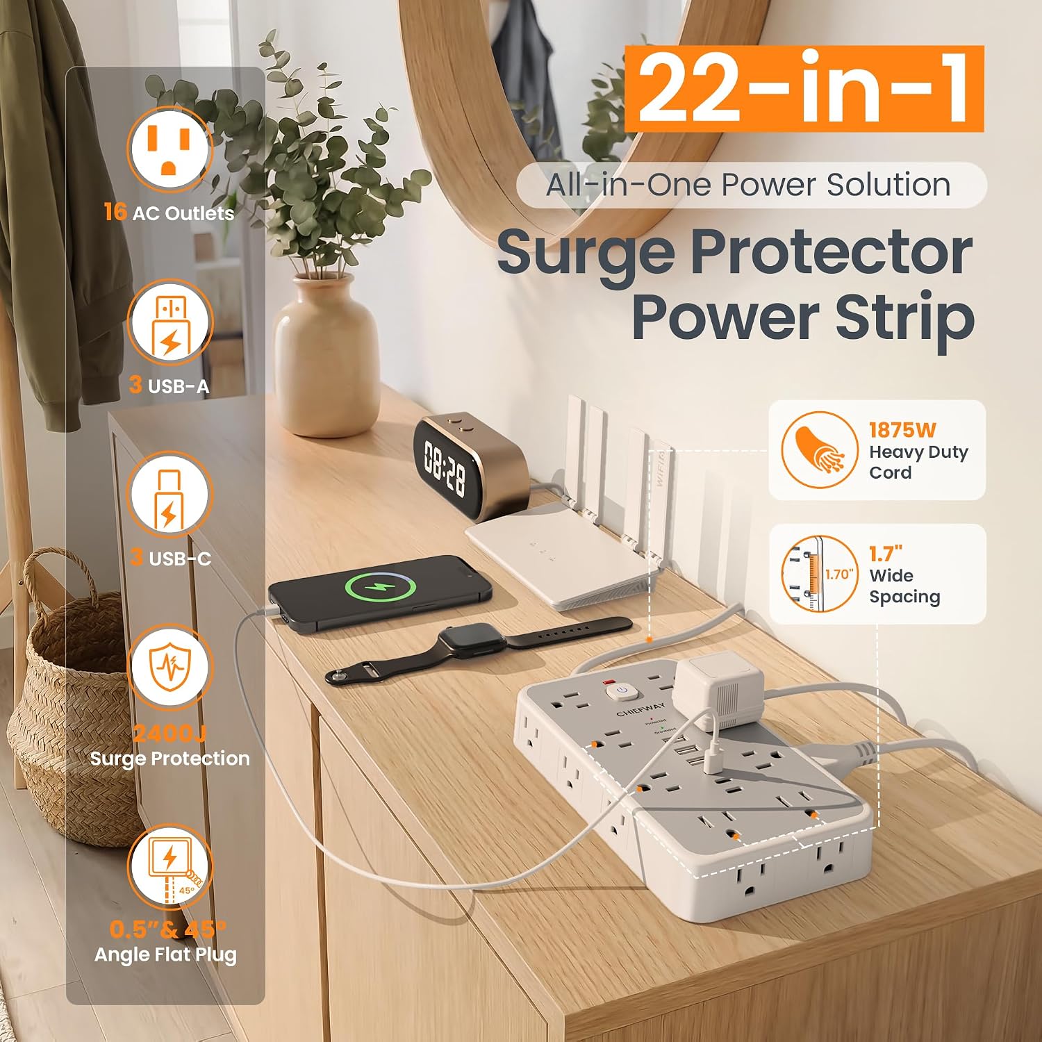 Detalle de Surge Protector Power Strip with 6 USB Ports and 16 Outlets — 6ft Flat Plug, 2400J