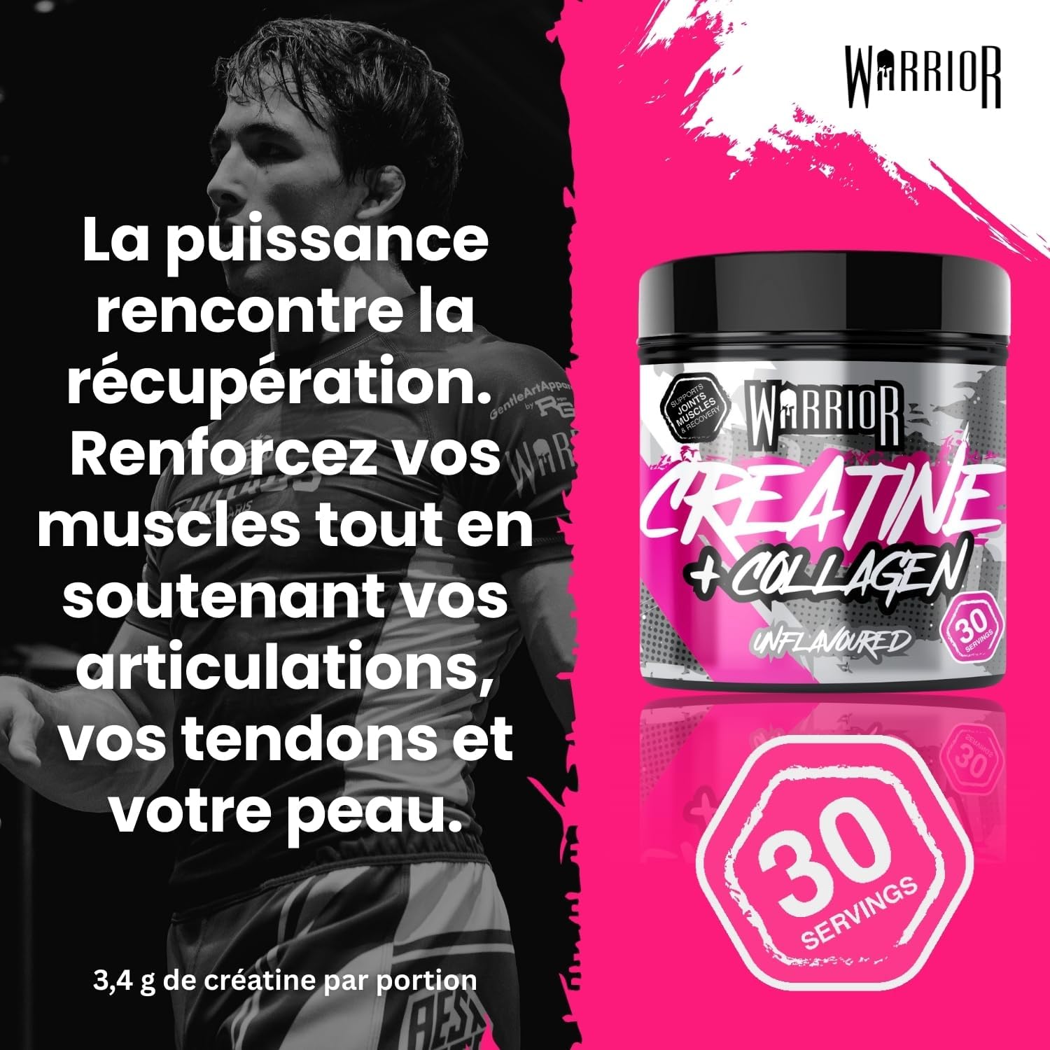 Detalle de Warrior Créatine Monohydrate + Collagène en Poudre 270 g – 30 doses, mix neutre ou fruits rouges