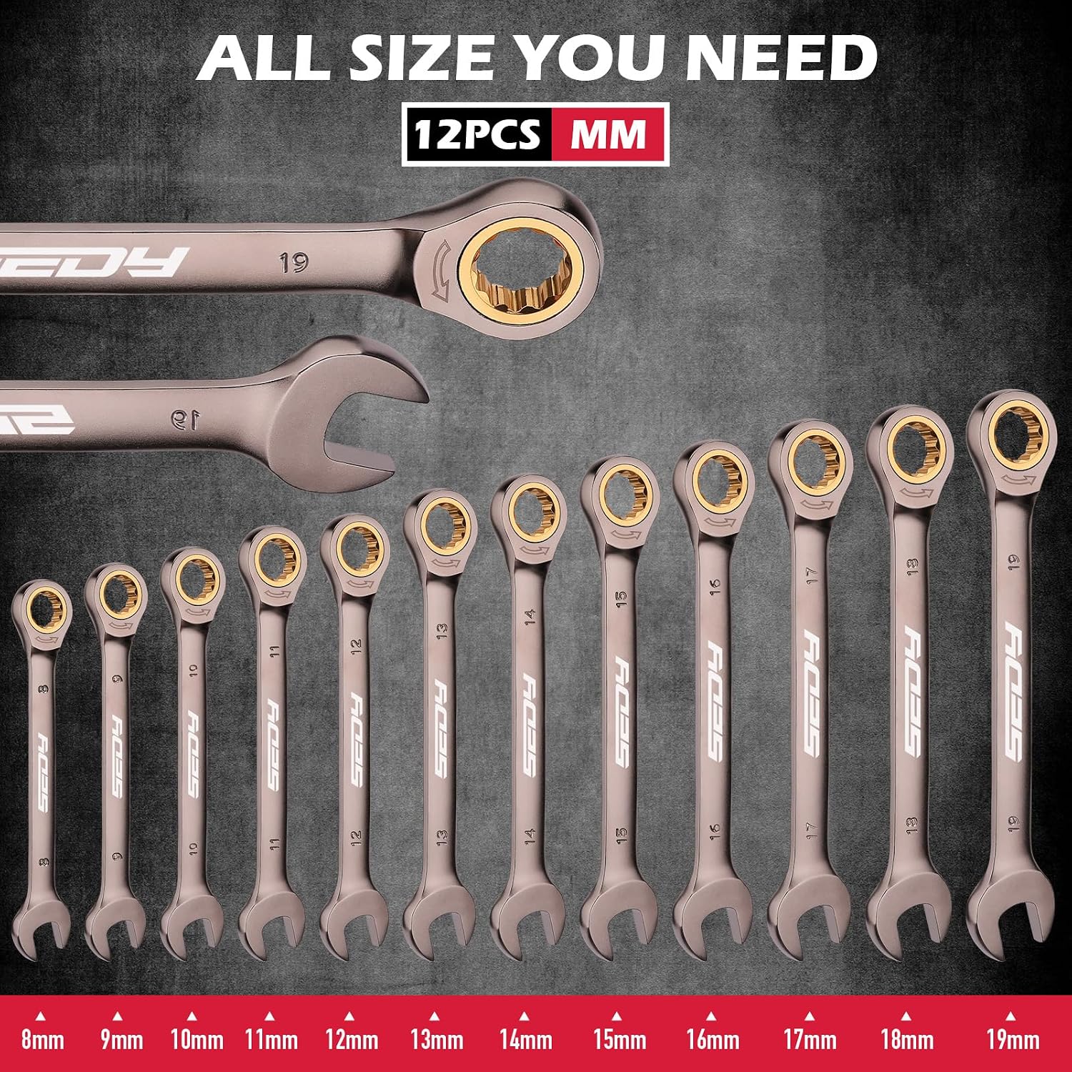 Thumbnail 1 de SEDY 12-Piece Metric Ratcheting Wrench Set, 8mm–19mm, 72-Tooth