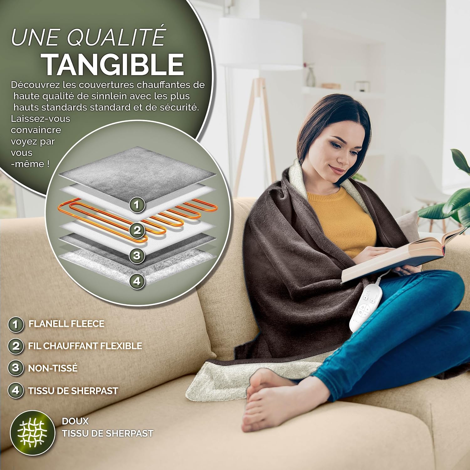 Detalle de sinnlein® Couverture chauffante 180 x 130 cm – chaleur douce, arrêt automatique et lavage en machine