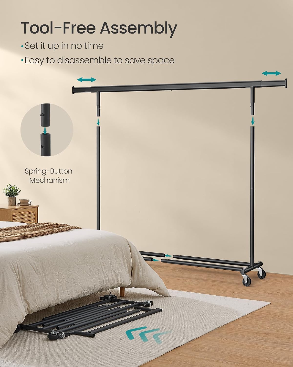 Detalle de SONGMICS Clothes Rack on Wheels, Heavy Duty Rail with Extendable Hanging Rail, 150 kg Load Capacity – HSR175B01